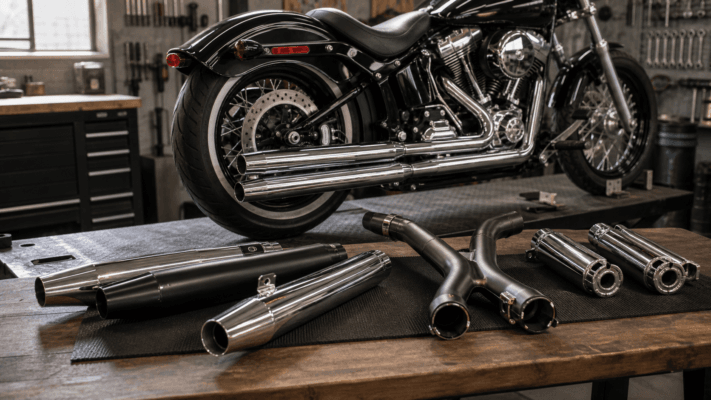 Harley-style cruiser motorcycle exhaust systems compared on a workshop bench