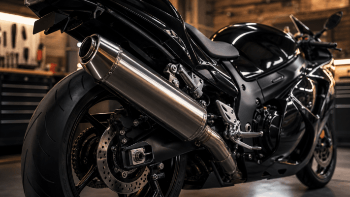 Suzuki Hayabusa motorcycle with aftermarket slip-on exhaust system