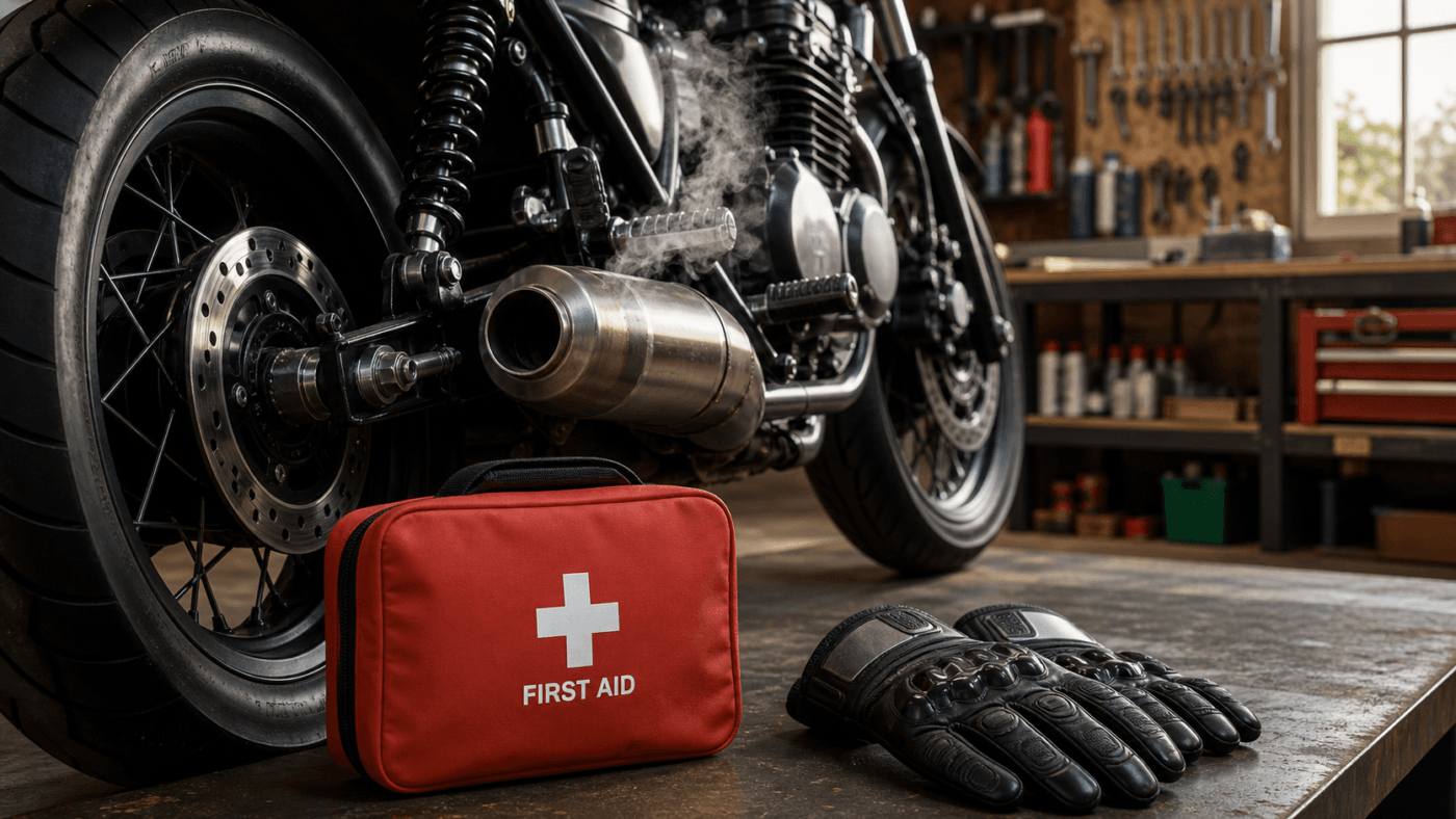Motorcycle exhaust burn first aid and heat safety guide