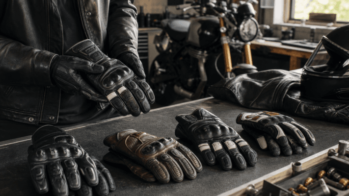 Motorcycle gloves buying guide with protective leather gloves on a garage workbench