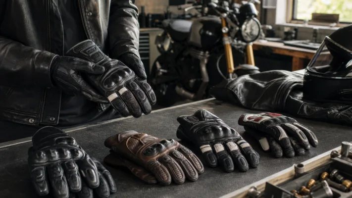 Best motorcycle gloves with palm sliders and knuckle armor on a garage workbench