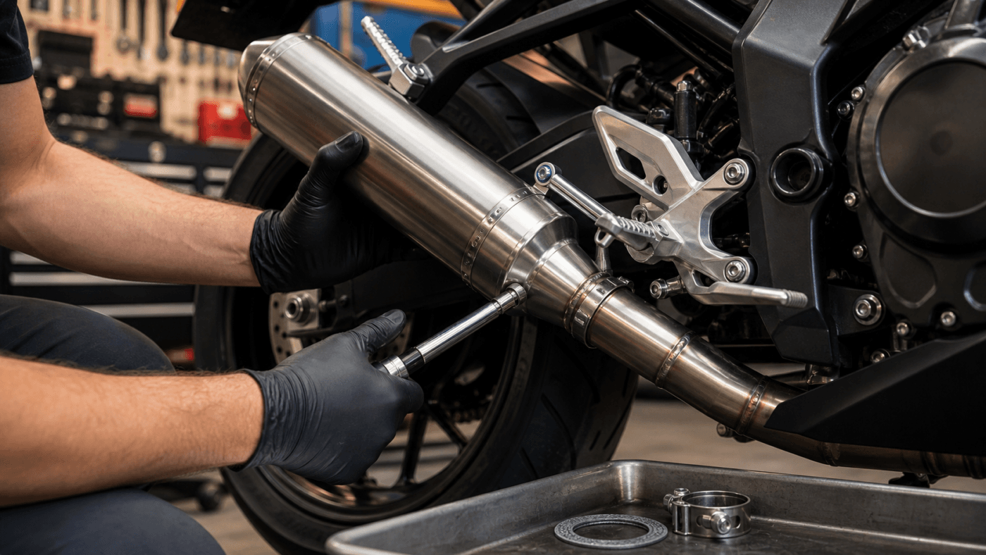 Step-by-step slip-on motorcycle exhaust installation with clamps and tools